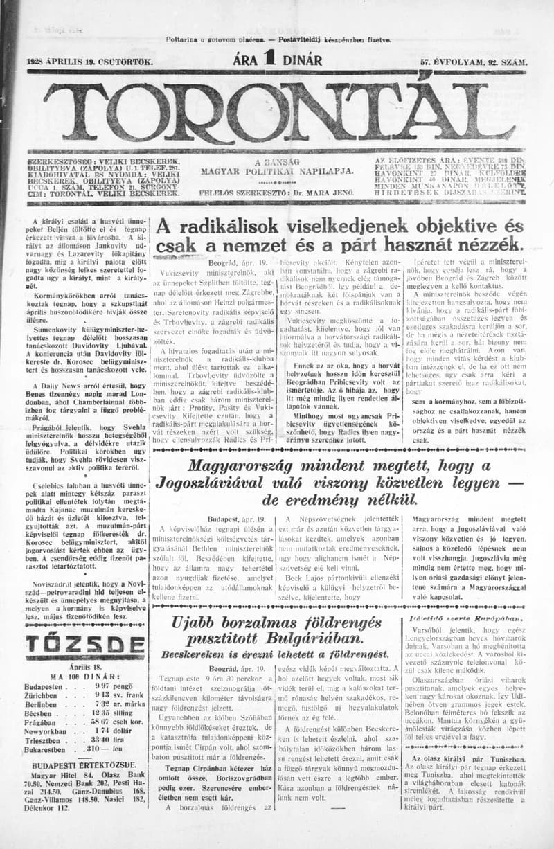 Torontál, 57. évf. 1928. április 19. 92. sz.