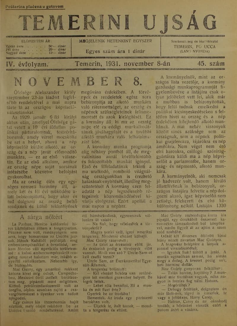 Temerini Újság 1928-1944, 4. évf. 1931. november 8. 45. sz.