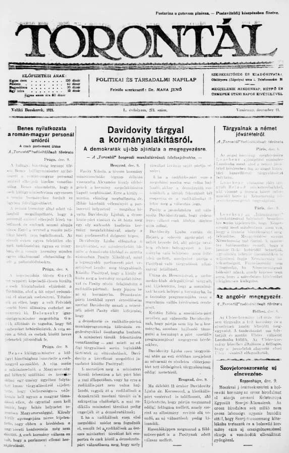 Torontál, 50. évf. 1921. december 11. 273. sz.
