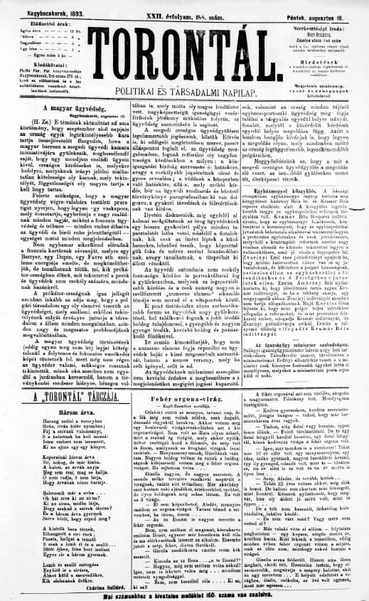 Torontál, 22. évf. 1893. augusztus 18. 188. sz.