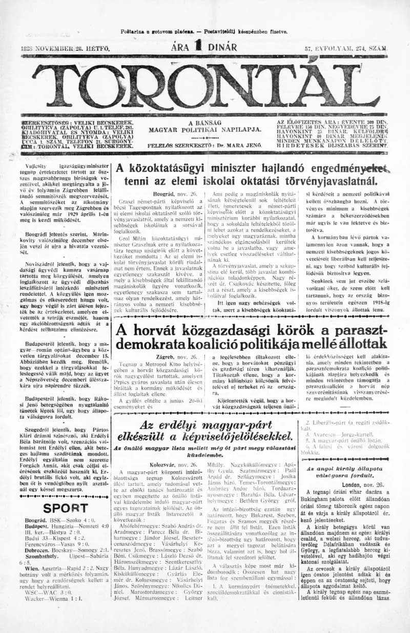 Torontál, 57. évf. 1928. november 26. 274. sz.