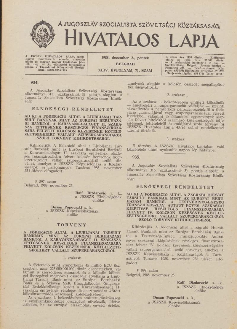 A Jugoszláv Szocialista Szövetségi Köztársaság Hivatalos Lapja, 44. évf. 1988. december 2. 71. sz. 1809–1836. oldal