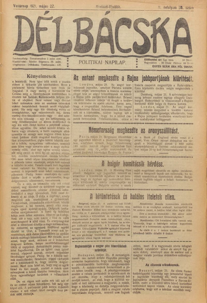 Délbácska, 2. évf. 1921. május 22. 116. sz.