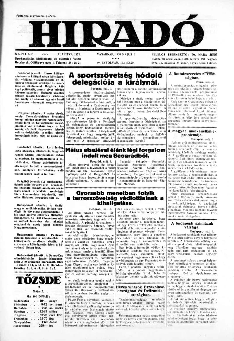 Híradó, 59. évf. 1930. május 4. 103. sz.