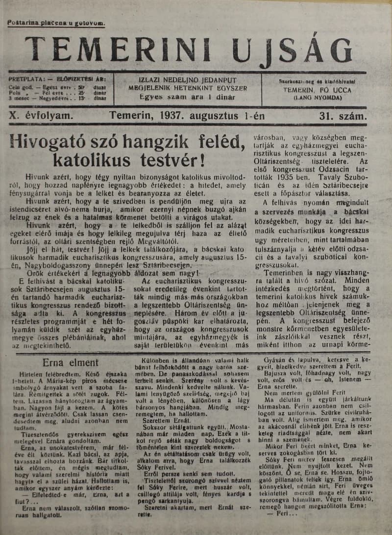 Temerini Újság 1928-1944, 10. évf. 1937. augusztus 1. 31. sz.