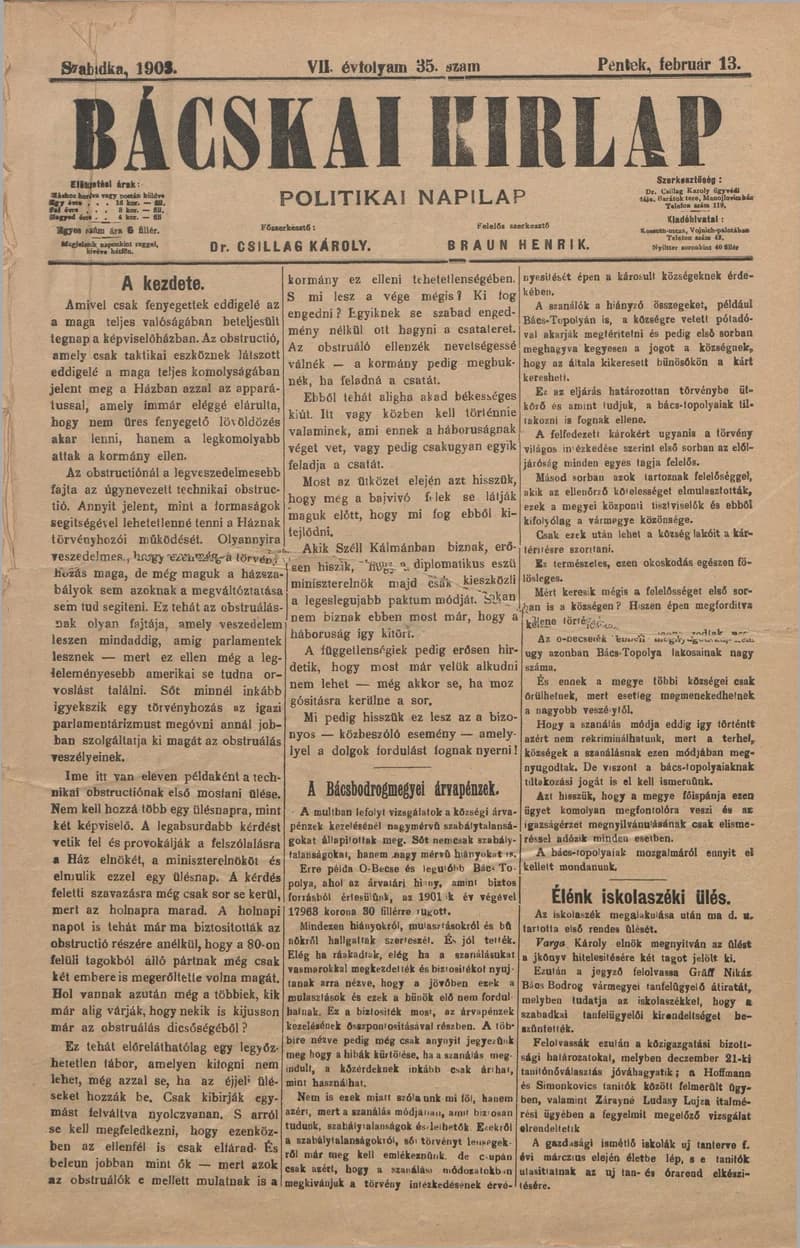 Bácskai Hirlap, 7. évf. 1903. február 13. 35. sz.