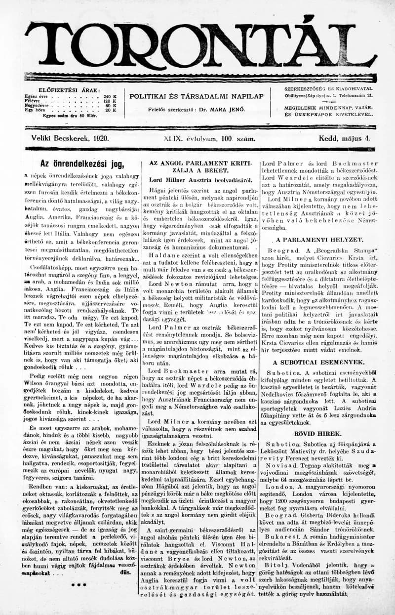 Torontál, 49. évf. 1920. május 4. 100. sz.
