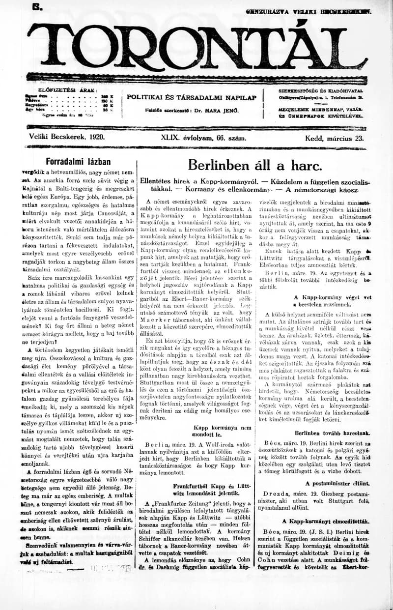 Torontál, 49. évf. 1920. március 23. 66. sz.