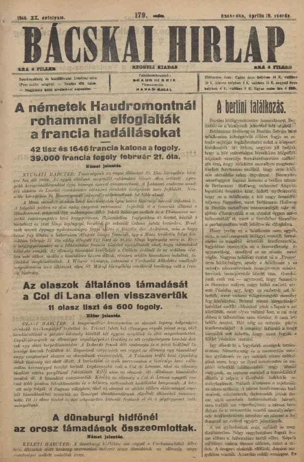 Bácskai Hirlap, 20. évf. 1916. április 19. 179. sz.