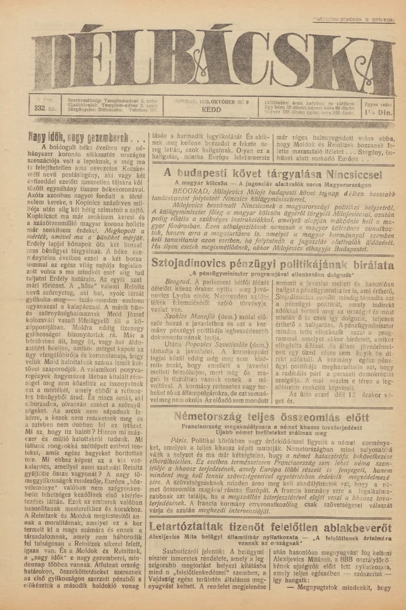 Délbácska, 4. évf. 1923. október 9. 232. sz.