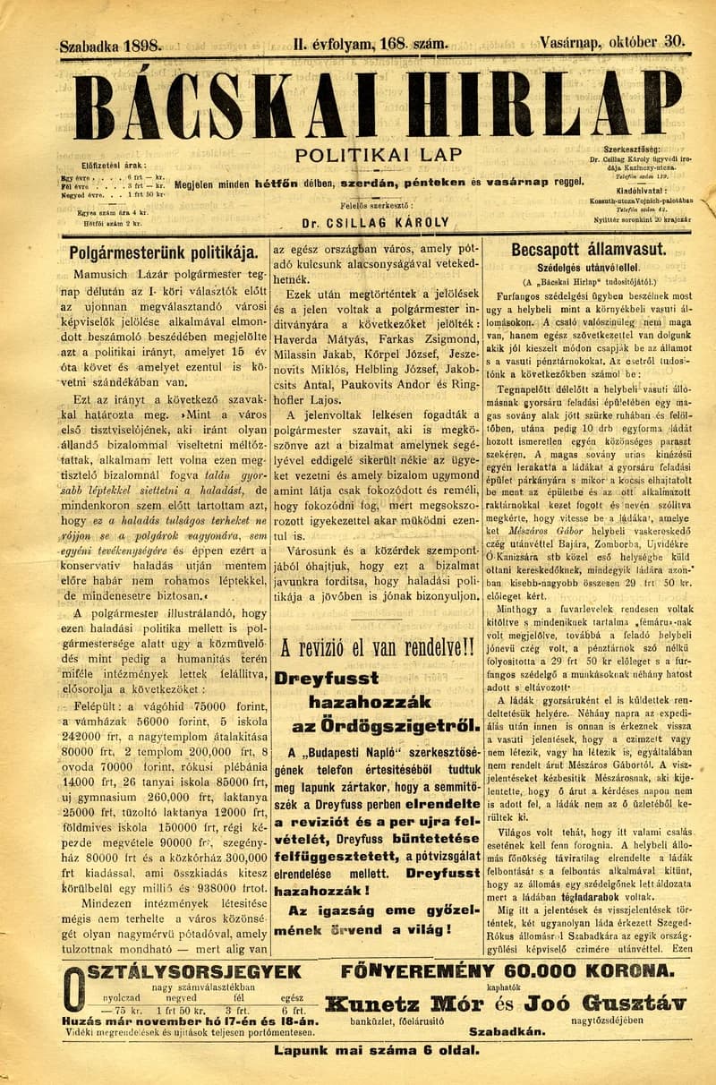 Bácskai Hirlap, 2. évf. 1898. október 30. 168. sz. 1–6. oldal