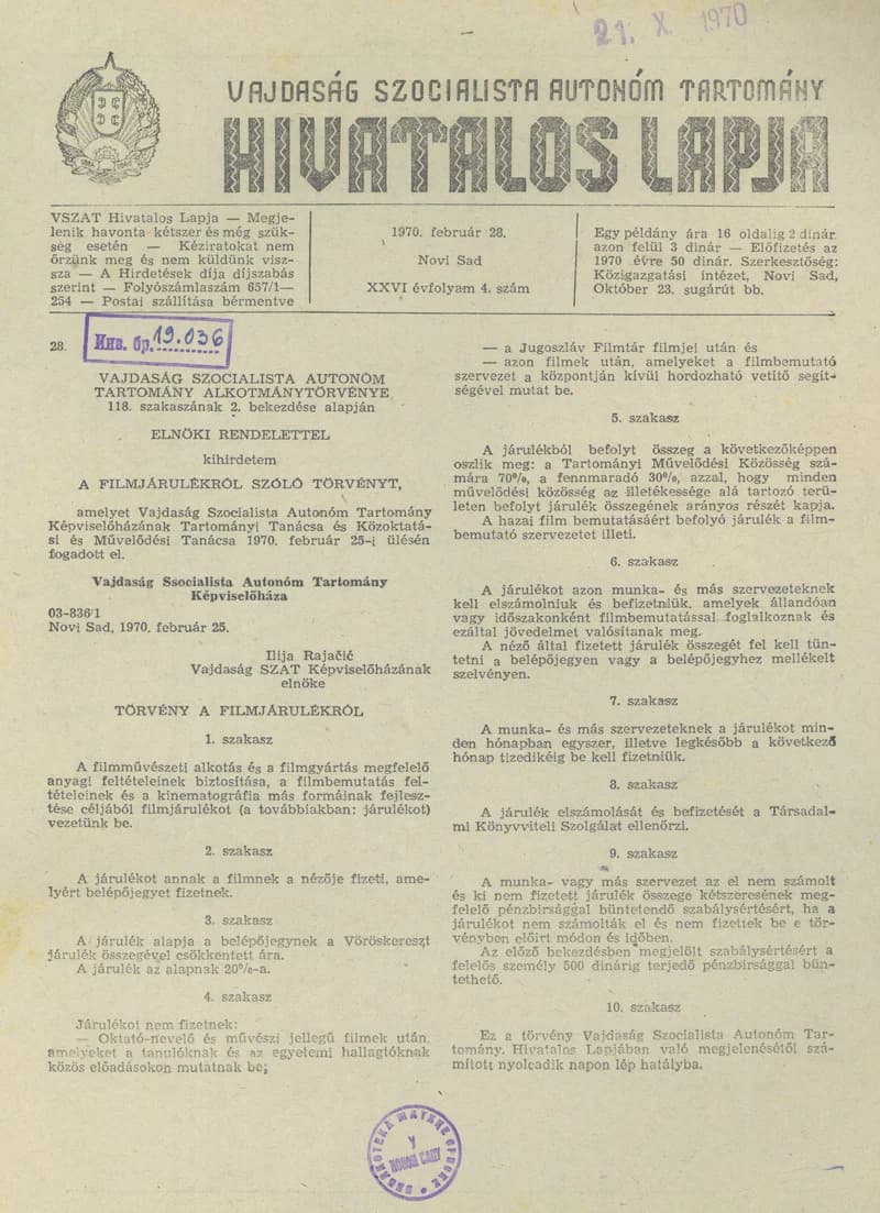 Vajdaság Szocialista Autonóm Tartomány Hivatalos Lapja, 26. évf. 1970. február 28. 4. sz. 29–30. oldal
