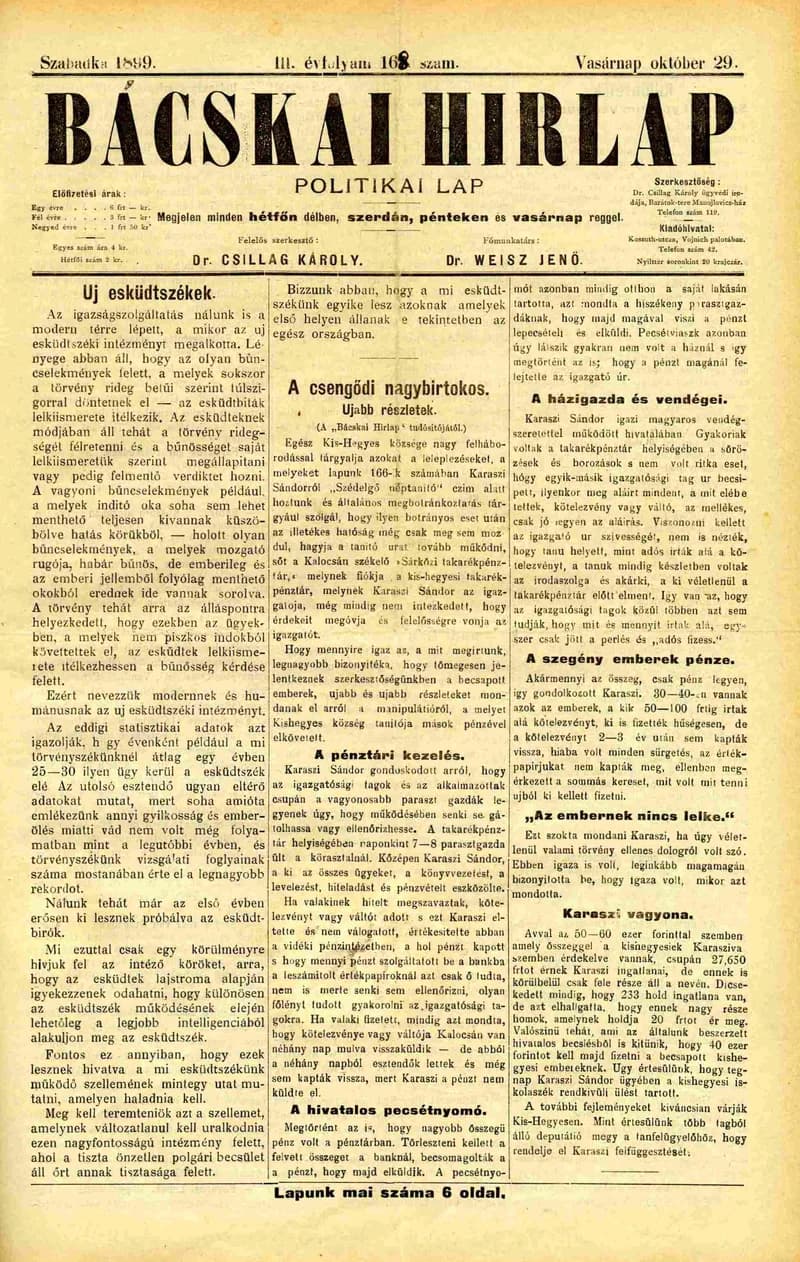 Bácskai Hirlap, 3. évf. 1899. október 29. 168. sz.