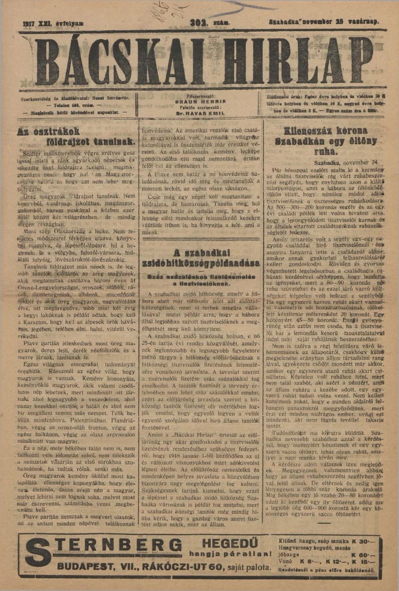 Bácskai Hirlap, 21. évf. 1917. november 25. 302. sz.