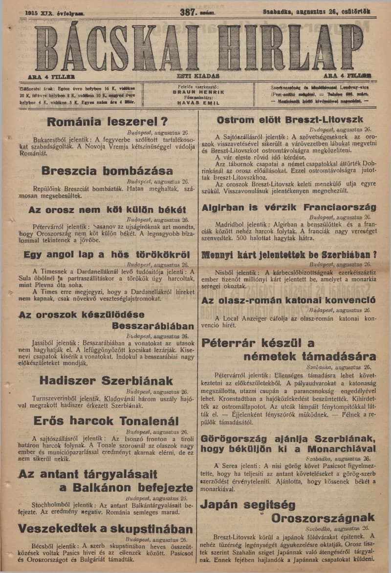 Bácskai Hirlap, 19. évf. 1915. augusztus 26. 387. sz.