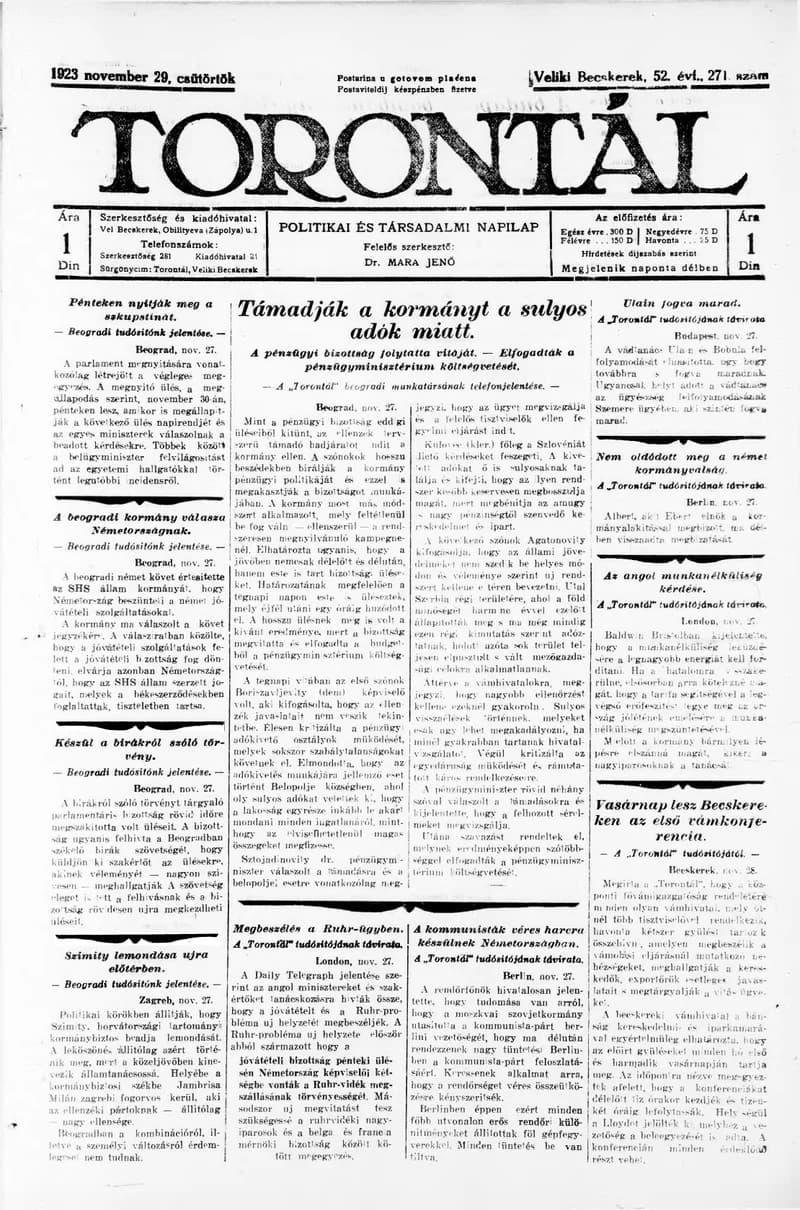 Torontál, 52. évf. 1923. november 29. 271. sz.