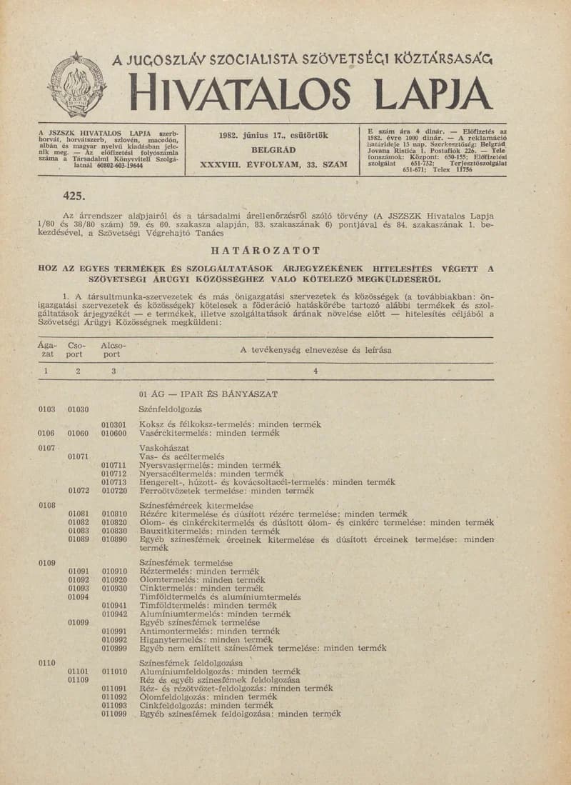 A Jugoszláv Szocialista Szövetségi Köztársaság Hivatalos Lapja, 38. évf. 1982. június 17. 33. sz. 945–952. oldal