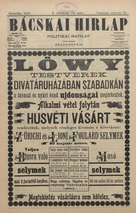Bácskai Hirlap, 10. évf. 1906. március 25. 70. sz.