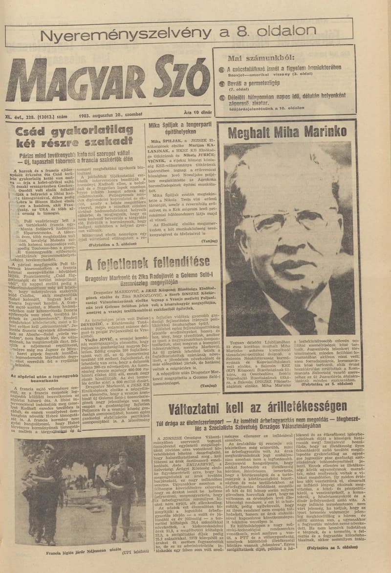 Magyar Szó, 40. évf. 1983. augusztus 20. 228. sz. 1–20. oldal