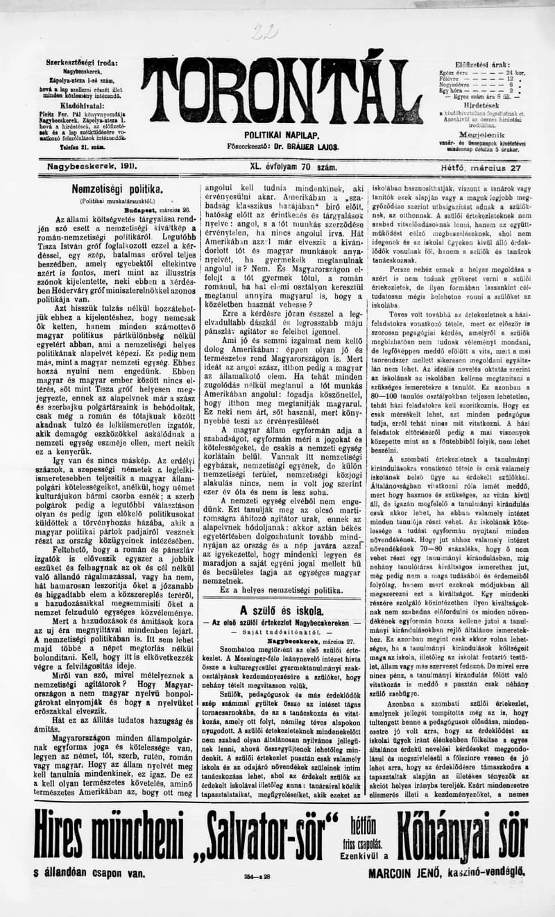 Torontál, 40. évf. 1911. március 27. 70. sz.