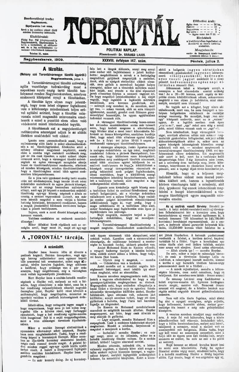 Torontál, 38. évf. 1909. július 2. 147. sz.
