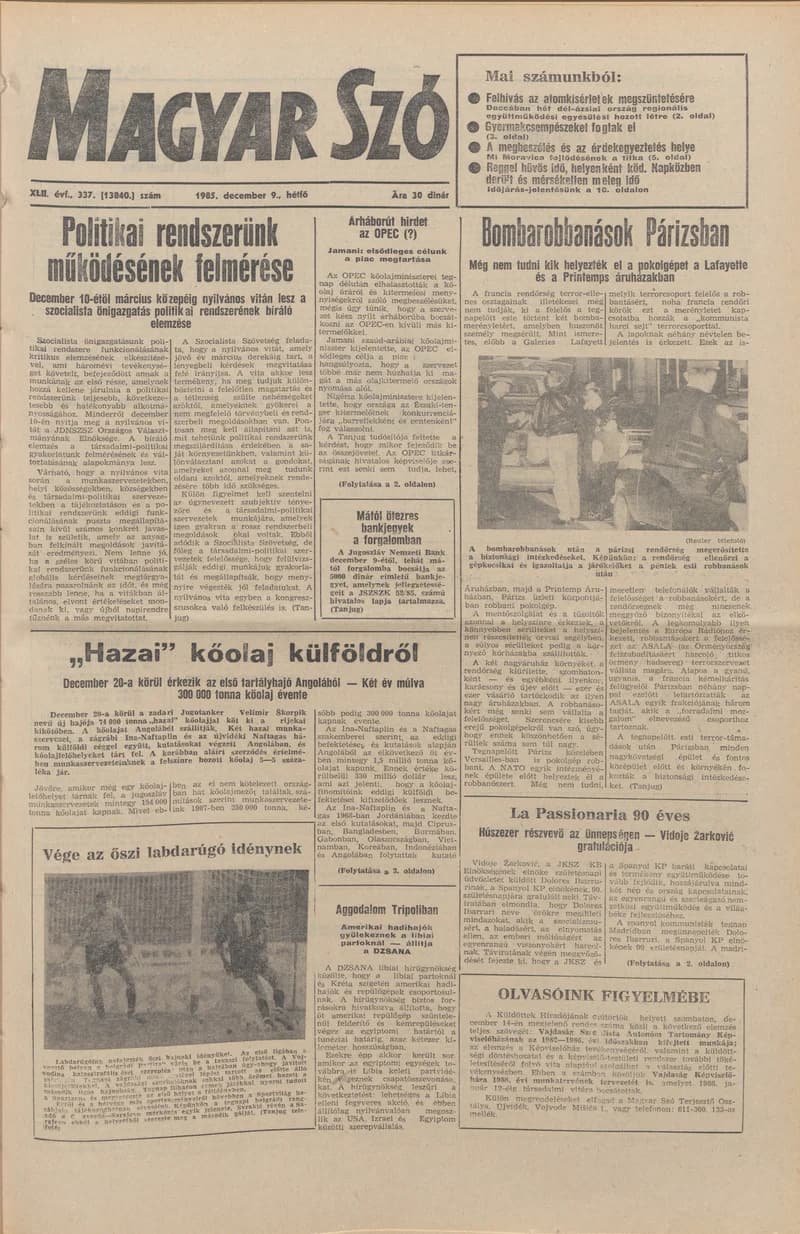 Magyar Szó, 42. évf. 1985. december 9. 337. sz. 1–20. oldal