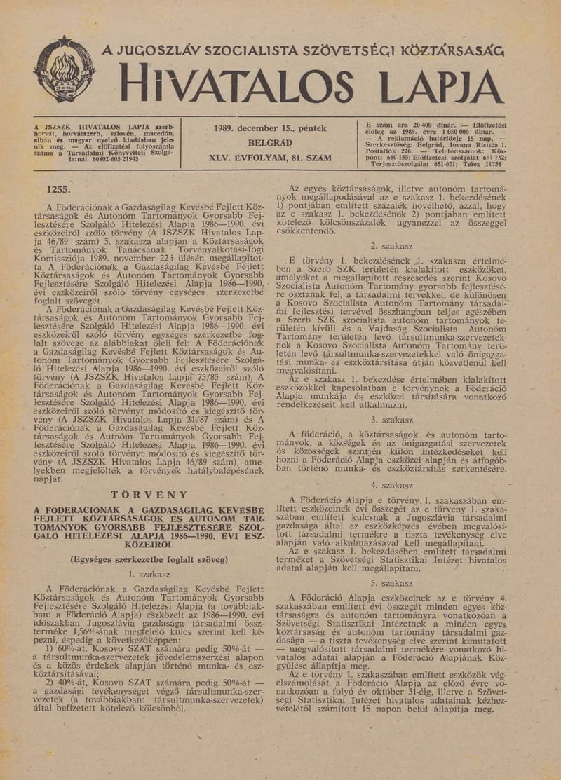 A Jugoszláv Szocialista Szövetségi Köztársaság Hivatalos Lapja, 45. évf. 1989. december 15. 81. sz. 2001–2024. oldal