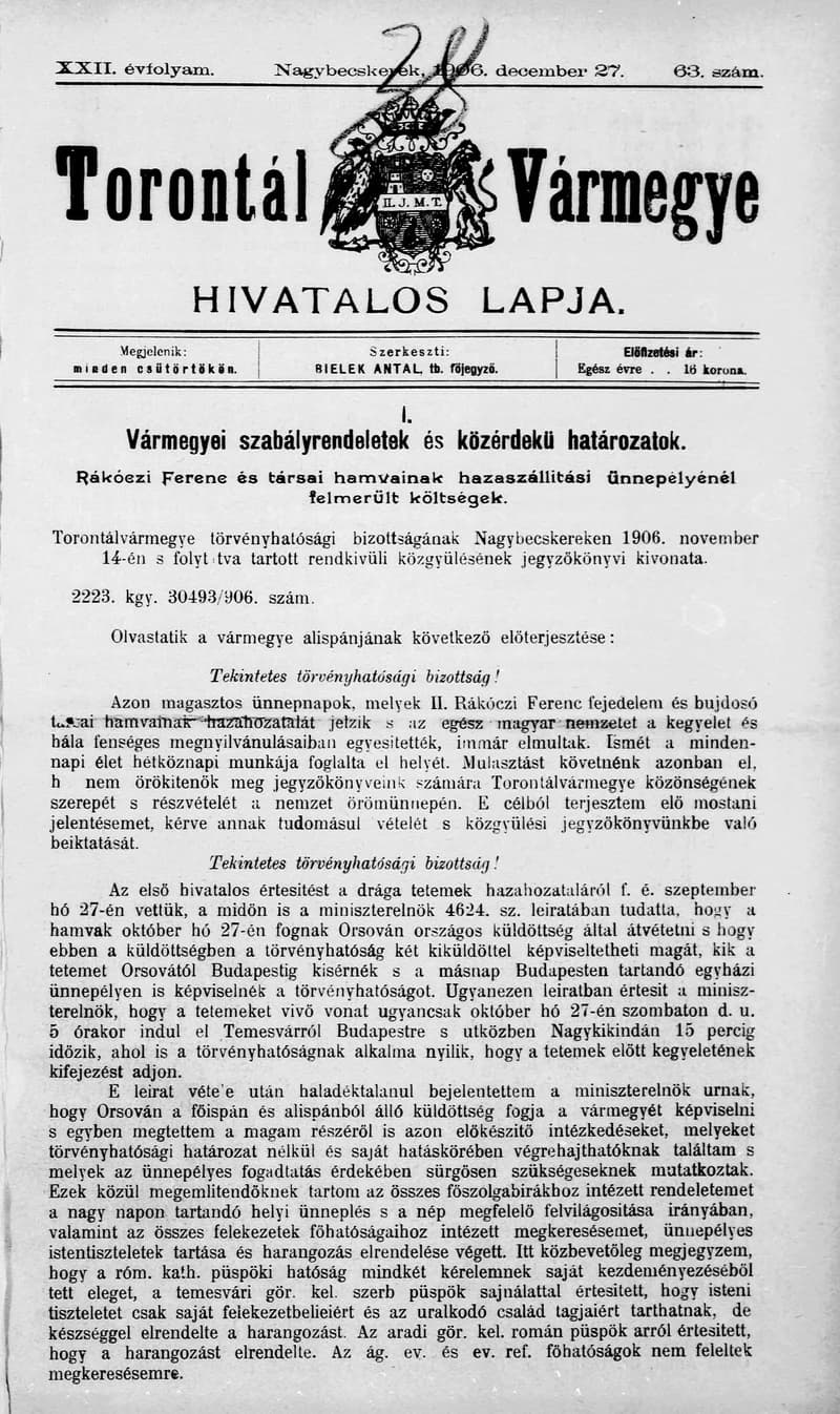 Torontál Vármegye Hivatalos Lapja, 22. évf. 1906. december 27. 63. sz.