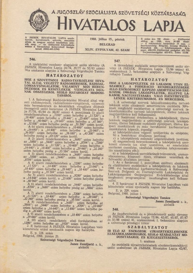 A Jugoszláv Szocialista Szövetségi Köztársaság Hivatalos Lapja, 44. évf. 1988. július 15. 42. sz. 1169–1196. oldal