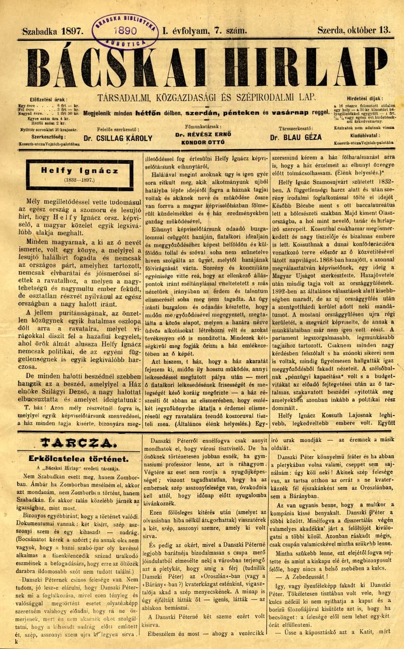 Bácskai Hirlap, 1. évf. 1897. október 13. 7. sz. 1–4. oldal