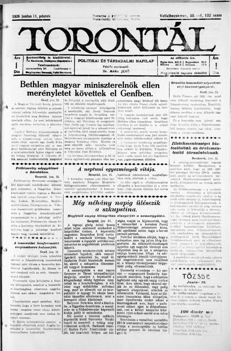 Torontál, 55. évf. 1926. június 11. 132. sz.