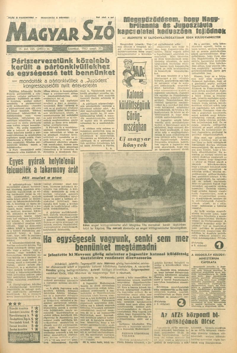 Magyar Szó, 9. évf. 1952. szeptember 20. 225. sz. 1–8. oldal