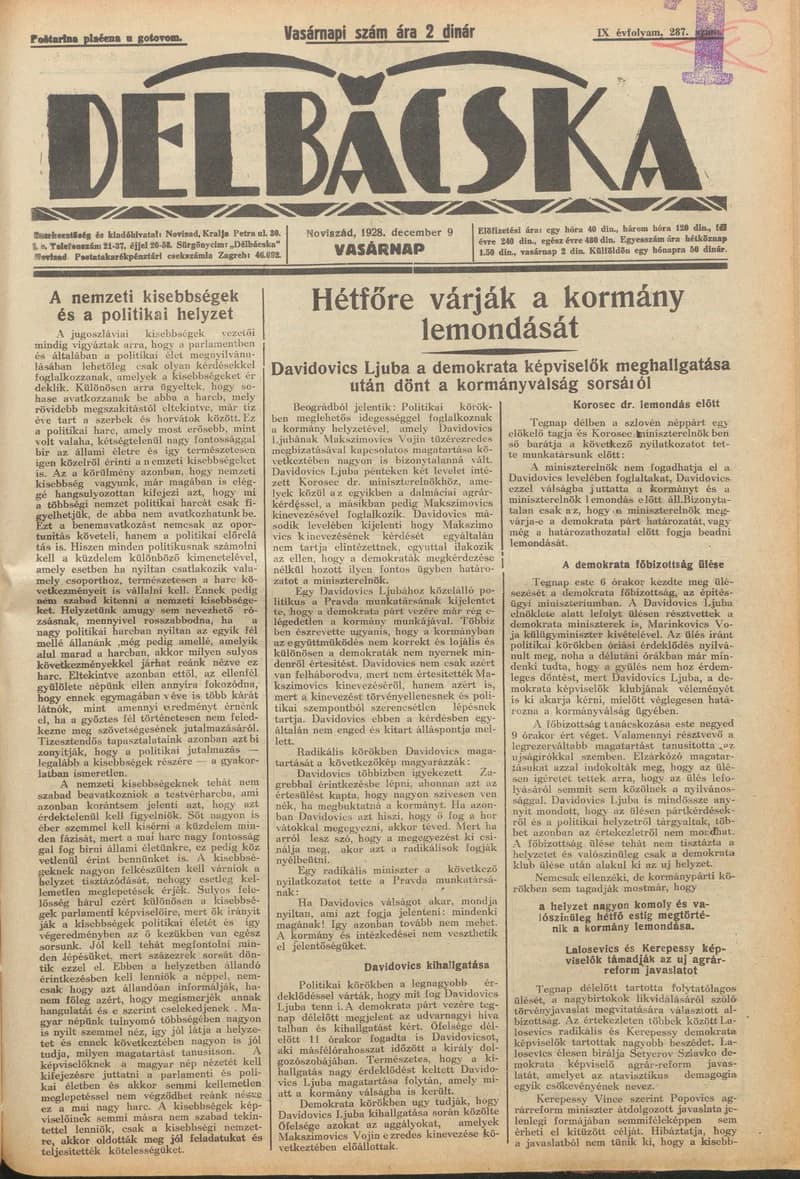 Délbácska, 9. évf. 1928. december 9. 287. sz.
