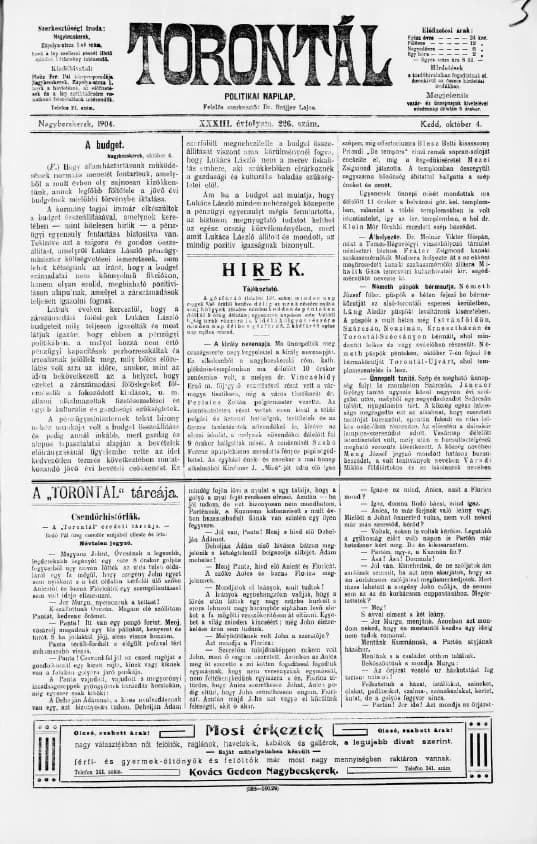 Torontál, 33. évf. 1904. október 4. 226. sz.