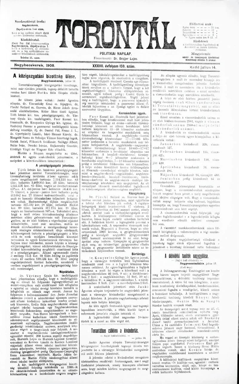 Torontál, 37. évf. 1908. július 14. 159. sz.
