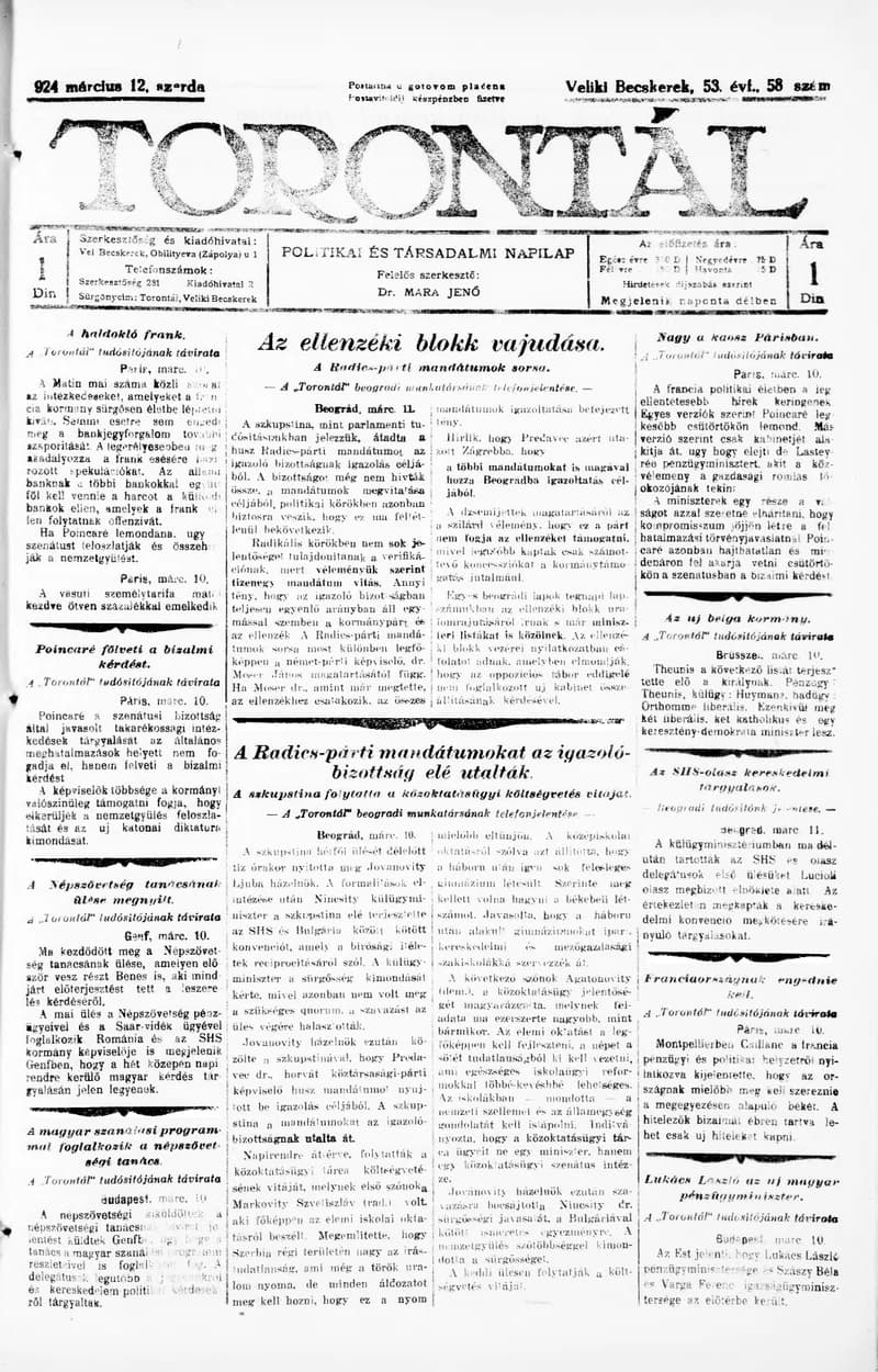 Torontál, 53. évf. 1924. március 12. 58. sz.