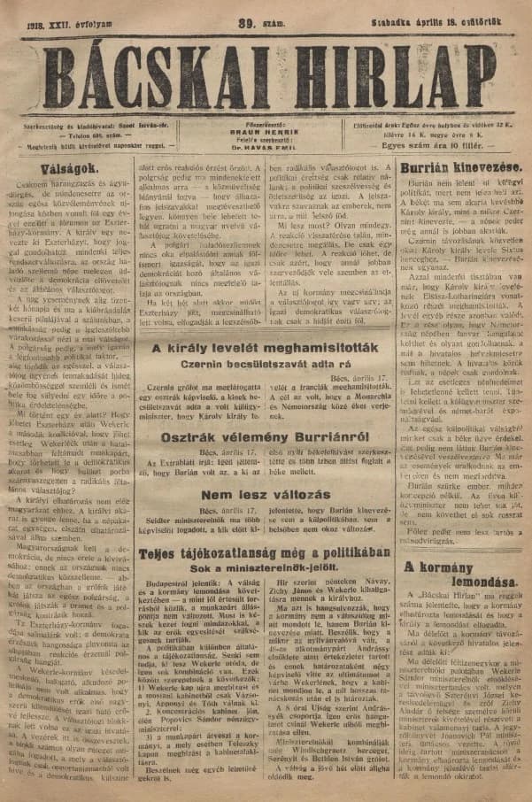 Bácskai Hirlap, 22. évf. 1918. április 18. 89. sz.