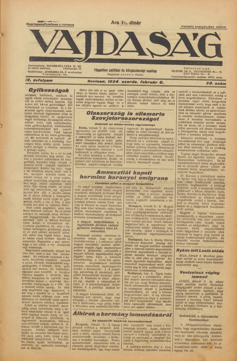 Vajdaság, 4. évf. 1924. február 6. 30. sz.