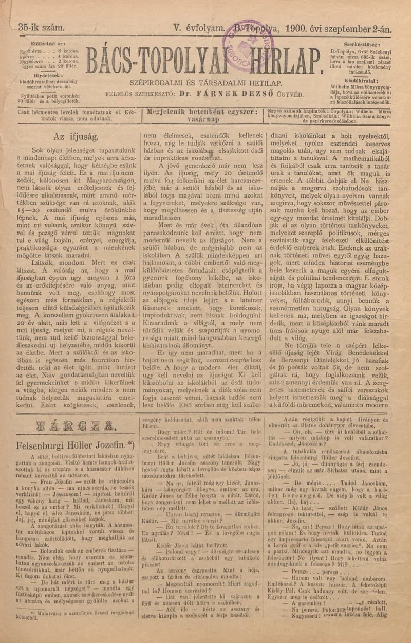 Bács-Topolyai Hirlap, 5. évf. 1900. szeptember 2. 35. sz.