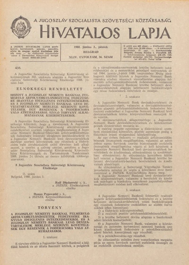 A Jugoszláv Szocialista Szövetségi Köztársaság Hivatalos Lapja, 44. évf. 1988. június 3. 36. sz. 997–1012. oldal