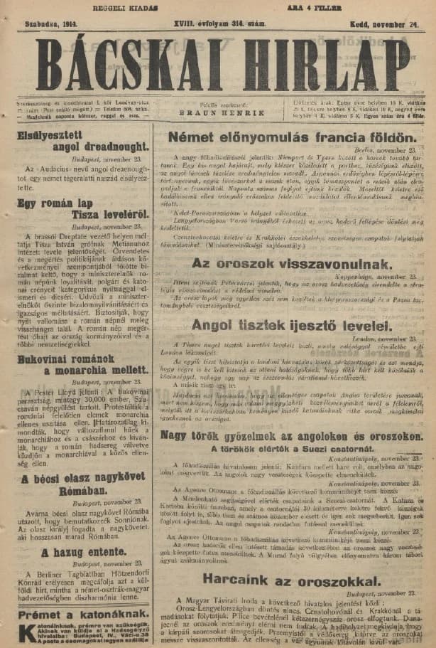 Bácskai Hirlap, 18. évf. 1914. november 24. 314. sz.