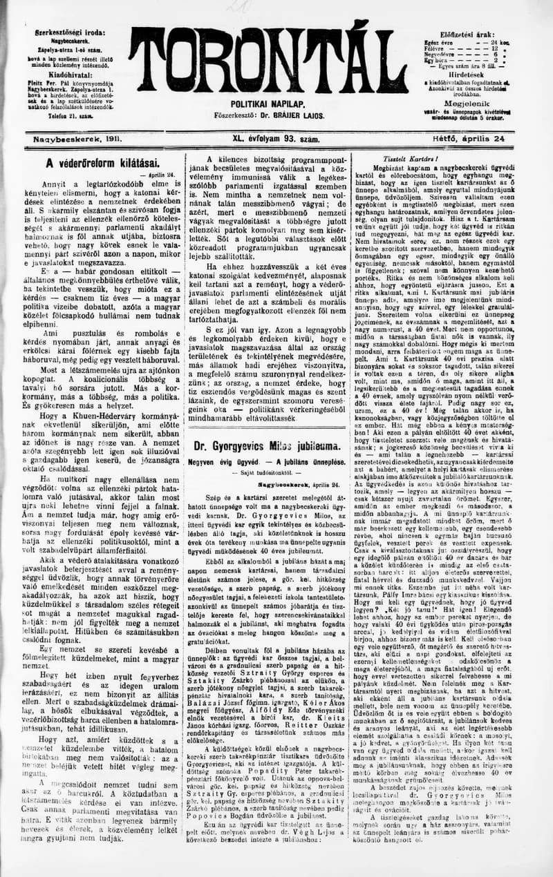 Torontál, 40. évf. 1911. április 24. 93. sz.