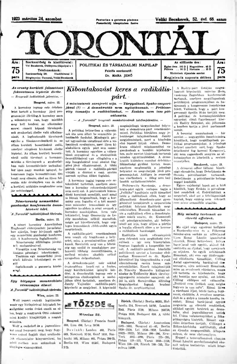 Torontál, 52. évf. 1923. március 24. 68. sz.