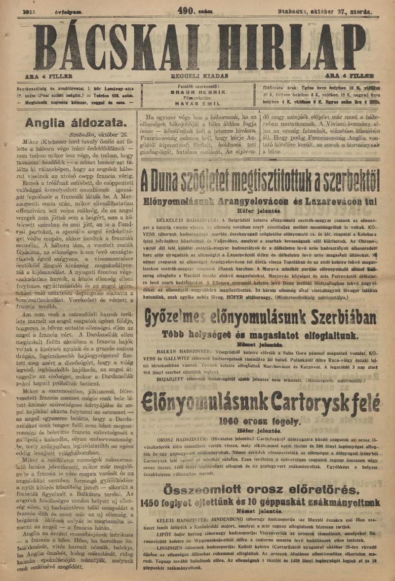 Bácskai Hirlap, 19. évf. 1915. október 27. 490. sz.