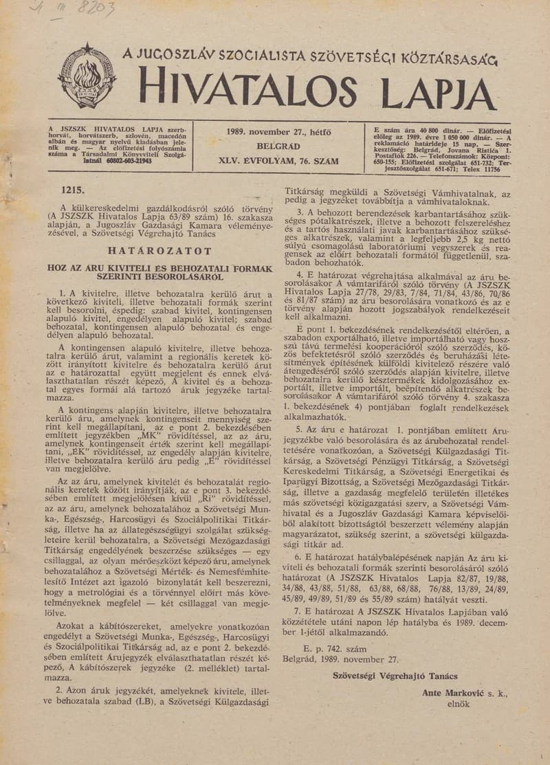 A Jugoszláv Szocialista Szövetségi Köztársaság Hivatalos Lapja, 45. évf. 1989. november 27. 76. sz. 1901–1972. oldal