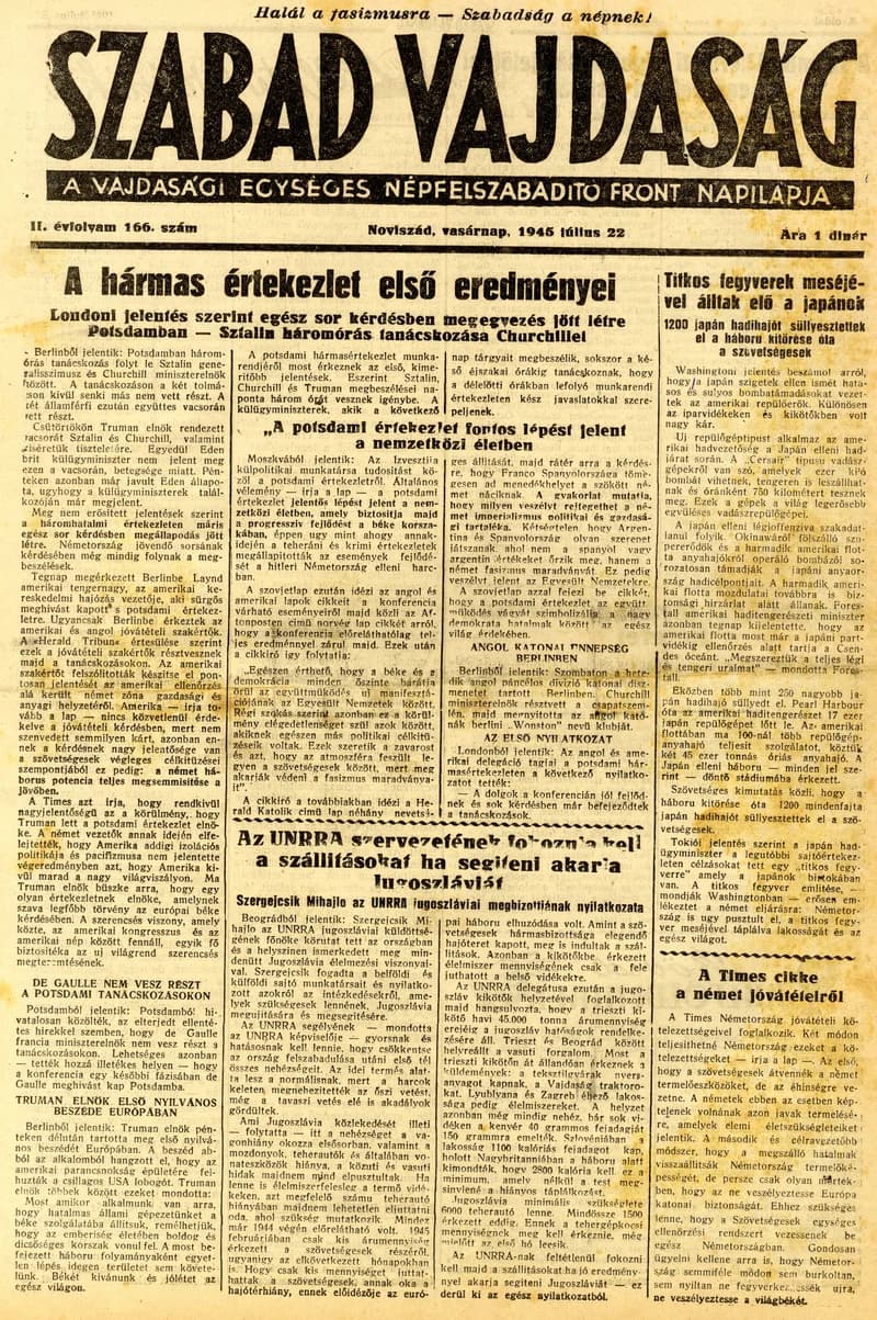 Szabad Vajdaság, 2. évf. 1945. július 22. 166. sz.