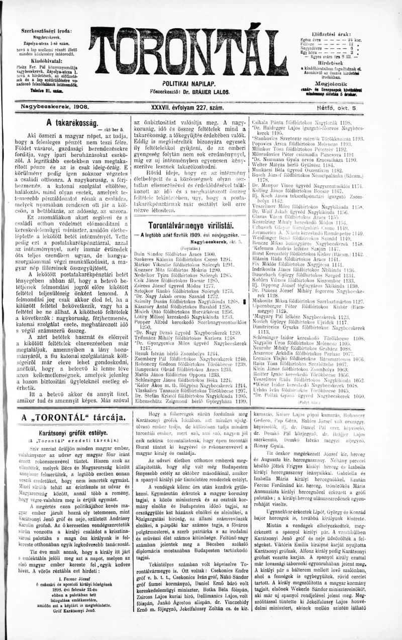 Torontál, 37. évf. 1908. október 5. 227. sz.