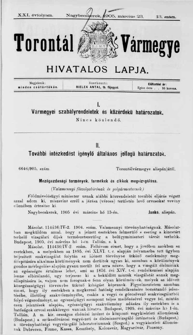 Torontál Vármegye Hivatalos Lapja, 21. évf. 1905. március 23. 13. sz.