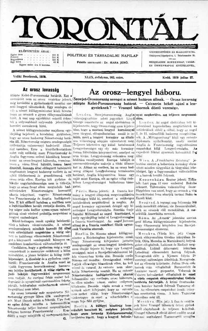 Torontál, 49. évf. 1920. július 27. 162. sz.