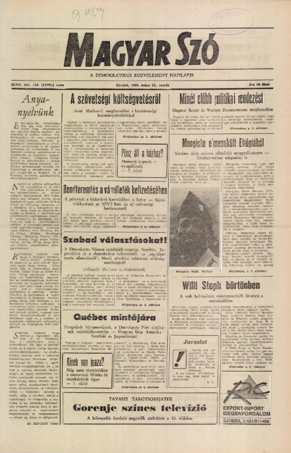 Magyar Szó, 48. évf. 1991. május 22. 138. sz. 1–20. oldal